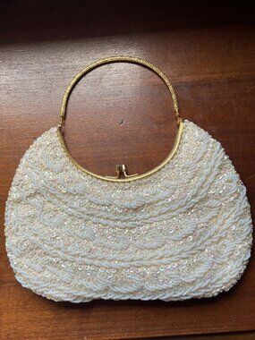 Vintage Beaded Sequin Evening Bag Ivory Gold Handle.